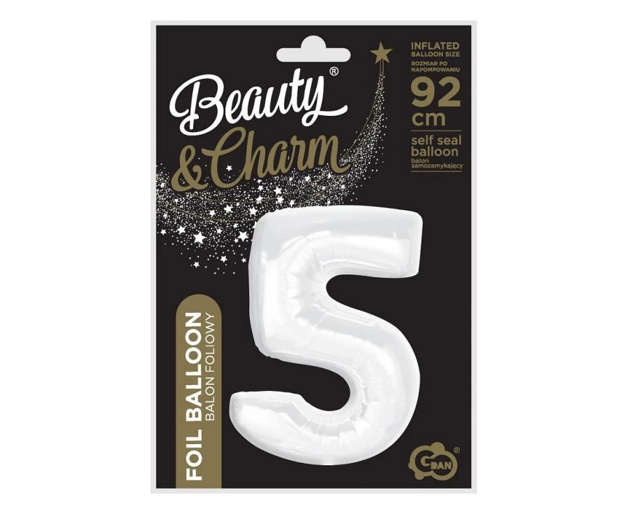 imagine-Balon folie alb perlat cifra 5 – 92cm