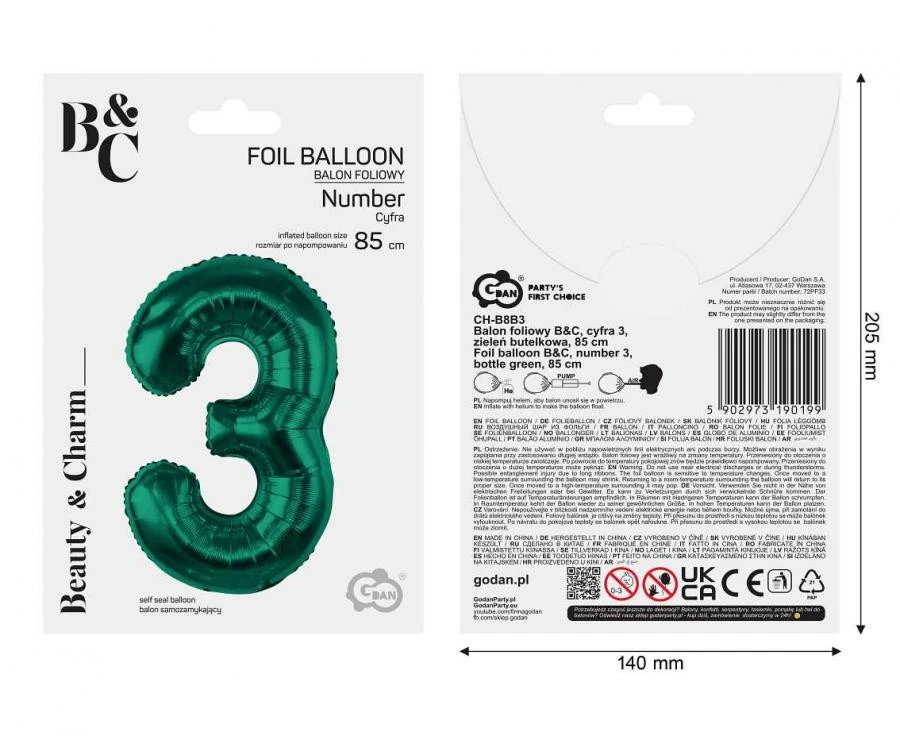 imagine-Balon folie verde smarald cifra 3 – 85cm