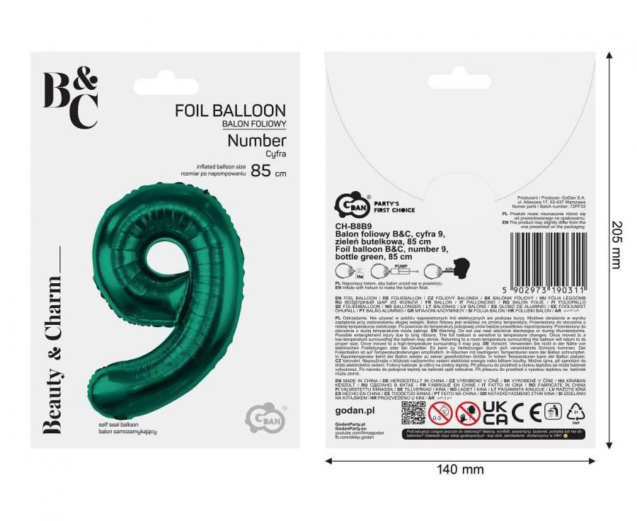 imagine-Balon folie verde smarald cifra 9 – 85cm