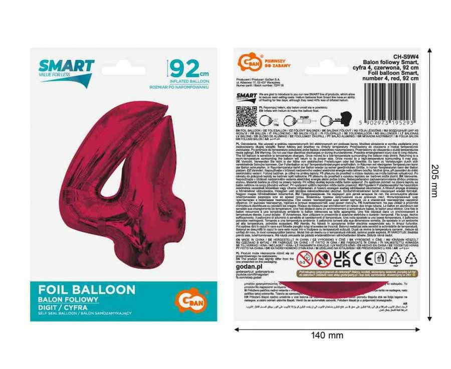 imagine-Balon folie rosu metallic cifra 4 – 92cm