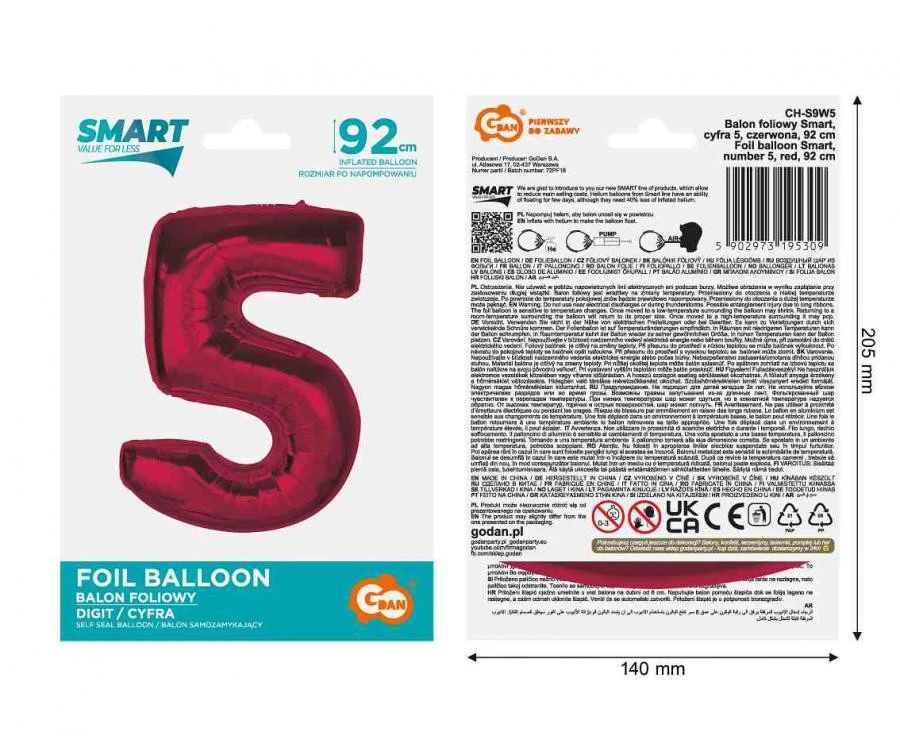 imagine-Balon folie rosu metallic cifra 5 – 92cm