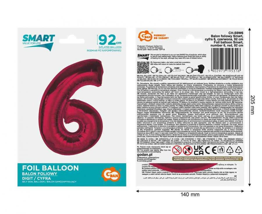 imagine-Balon folie rosu metallic cifra 6 – 92cm